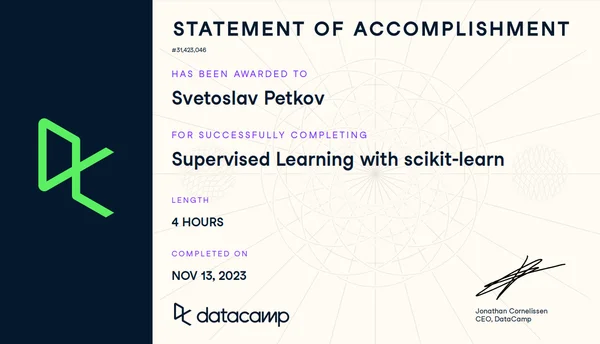 Supervised Learning with scikit-learn certificate, issued by DataCamp