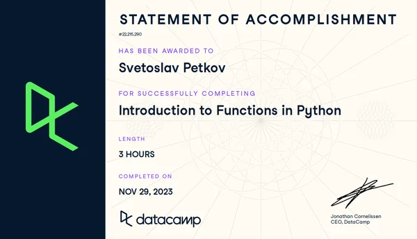 Intermediate Python certificate, issued by DataCamp