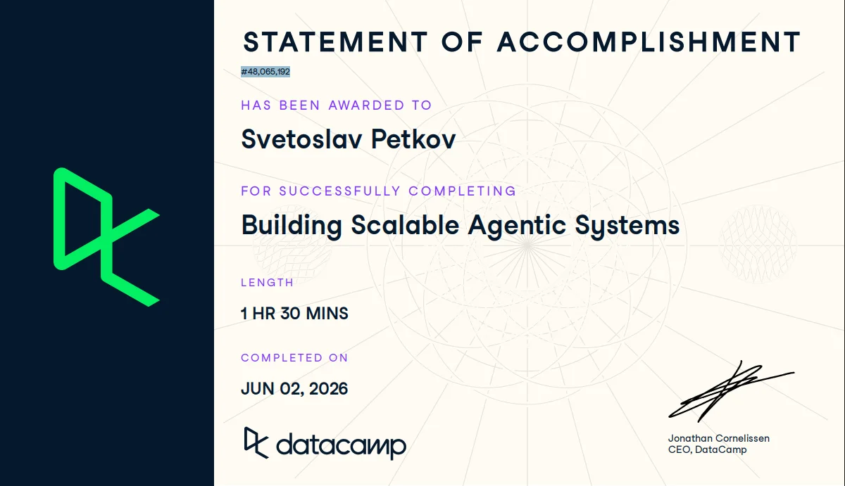 Building Scalable Agentic Systems certificate, issued by DataCamp