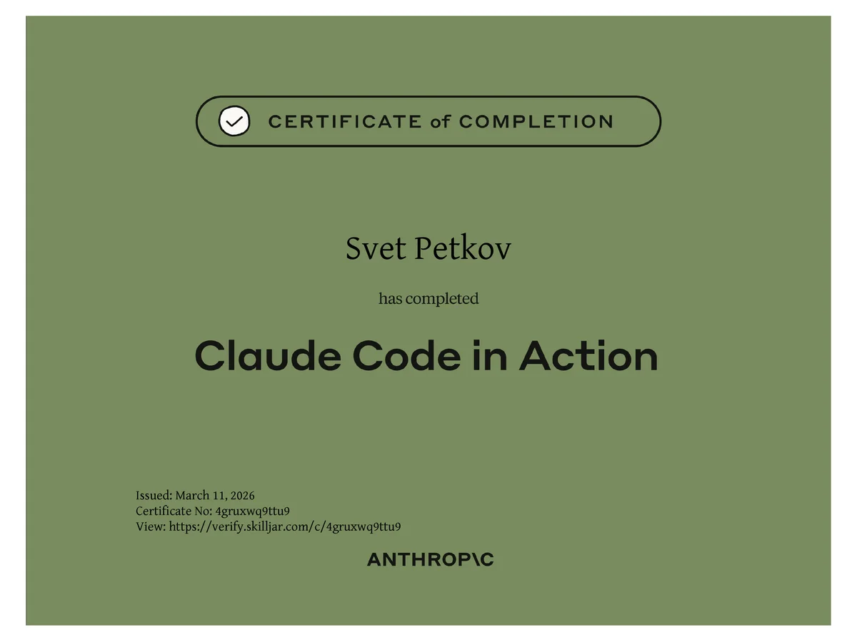 Claude Code in Action certificate, issued by Anthropic