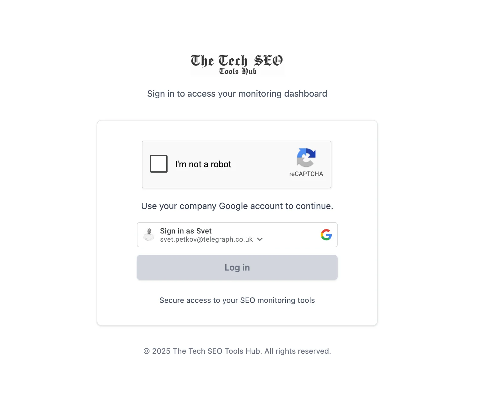 The Tech SEO Tools Hub — sign in screen
