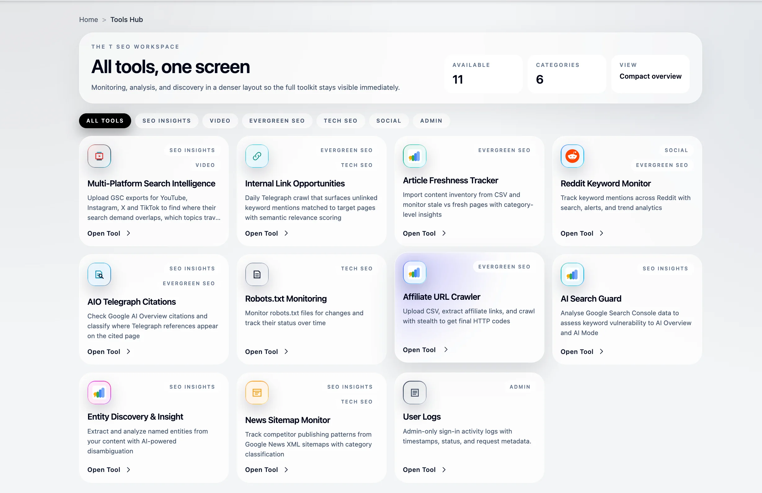 The Tech SEO Tools Hub — all tools overview