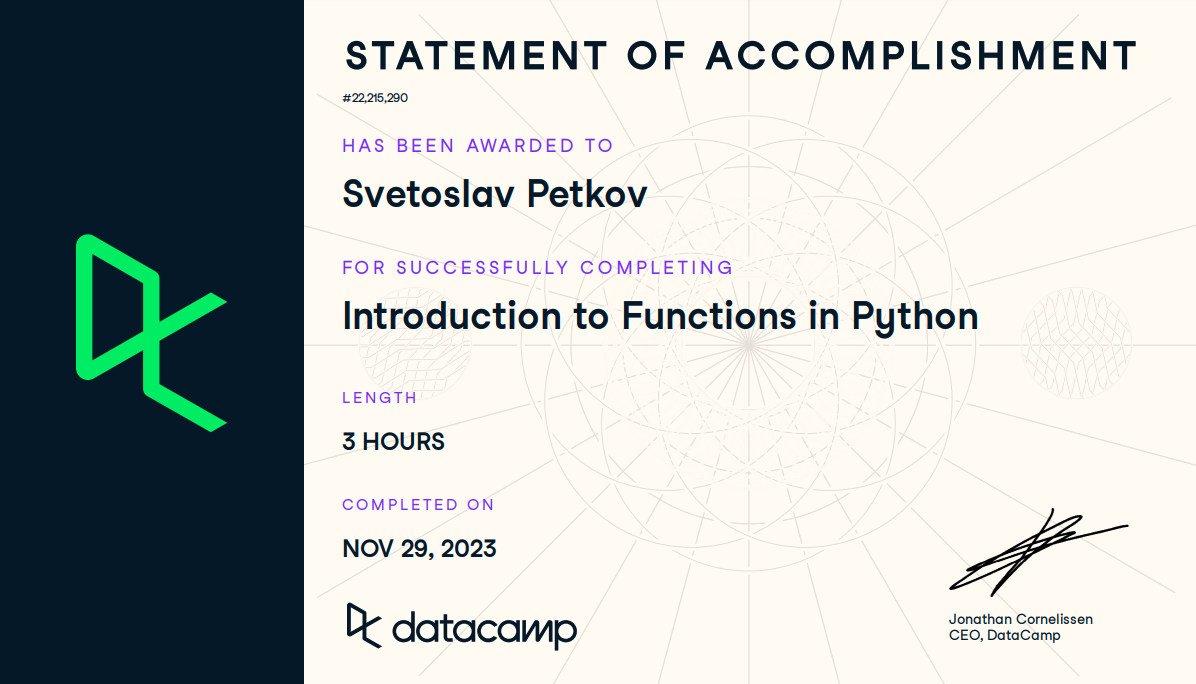 Сертификат Intermediate Python, издаден от DataCamp