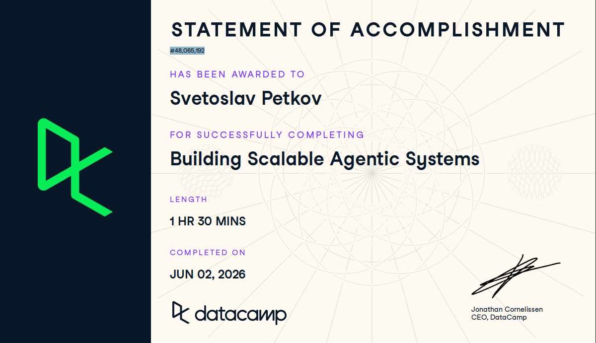 Сертификат Building Scalable Agentic Systems, издаден от DataCamp